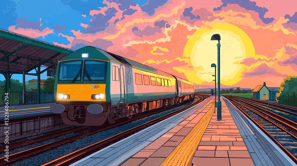 Fototapeta premium Pixel Art Train at Sunset Station