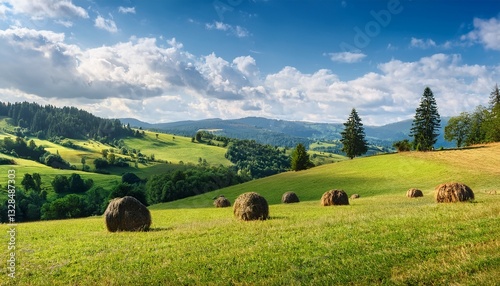 mountainous rural landscape on a sunny day countryside scenery with lush trees grassy fields haystack and arable on the slope of a hill fluffy clouds on the sky vacation in alpine farmland