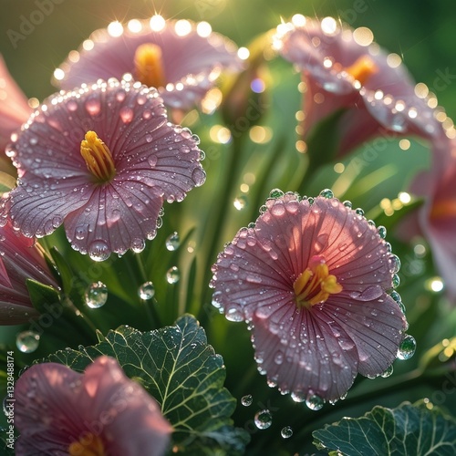 Delicate water droplets cling to the petals of a vibrant bouquet of flowers, glistening in the soft, warm light, with each drop refracting tiny rainbows, set against a blurred, lush green background, 