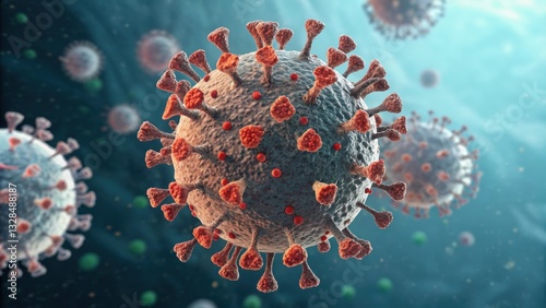 3D-rendered illustration of the coronavirus (COVID-19) with spike proteins. A highly detailed microscopic view of the virus, representing pandemic, virology, medical research