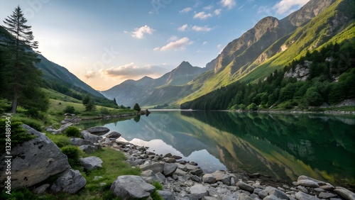 Stunning Scenery among Rocky Hills and Green Grasses photo