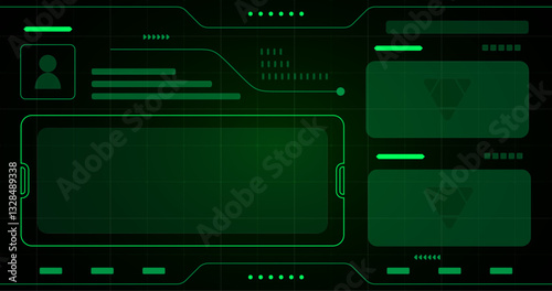 a futuristic digital interface with a green hue. The interface features various elements such as a profile icon, data fields and a screen