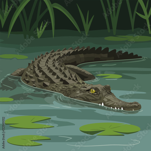 Crocodile Swimming in Murky Water with Lily Pads and Green Reeds
