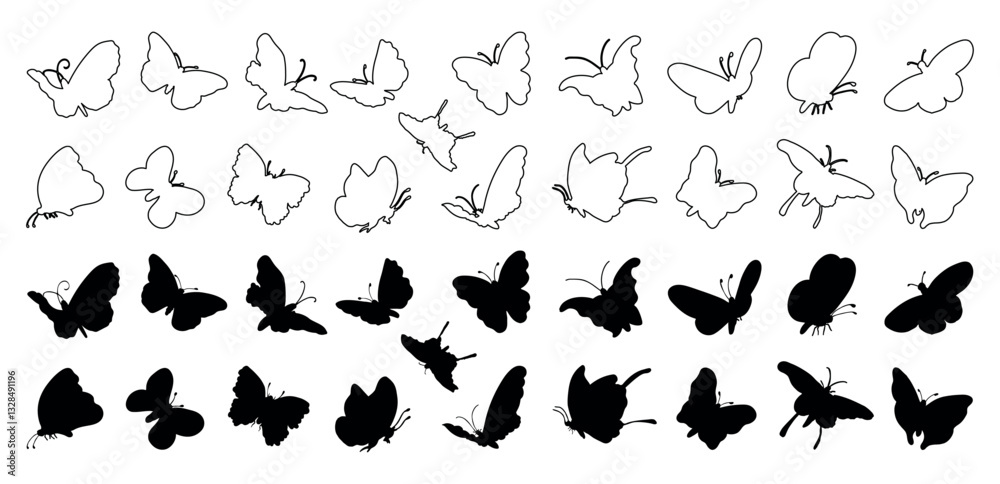 Fototapeta premium Set of butterfly silhouette and line art icons vector illustrations on a white background.