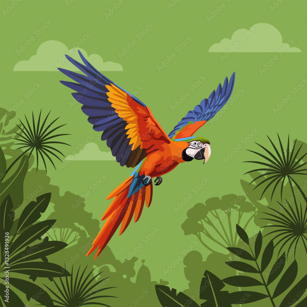 Obraz premium Colorful Macaw Flying Over Tropical Rainforest Illustration in Green Backdrop