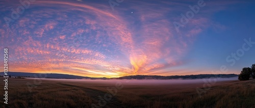Sunrise over a misty field