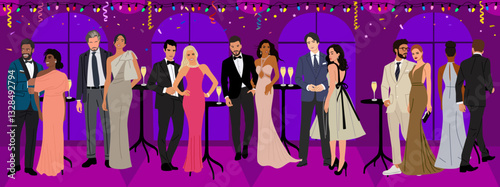 Diverse multiracial couple at corporate party event, formal Christmas, New Year eve. Men, women in evening clothes, long dress, gown, tuxedo, bow tie in night festive decorated restaurant, cafe.