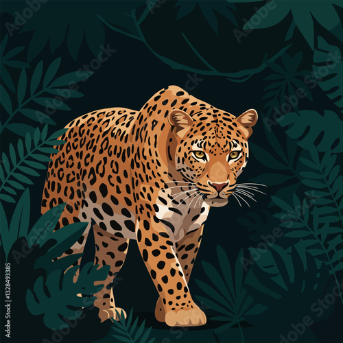 Leopard Walking Through Lush Jungle Vegetation and Dark Forest Setting