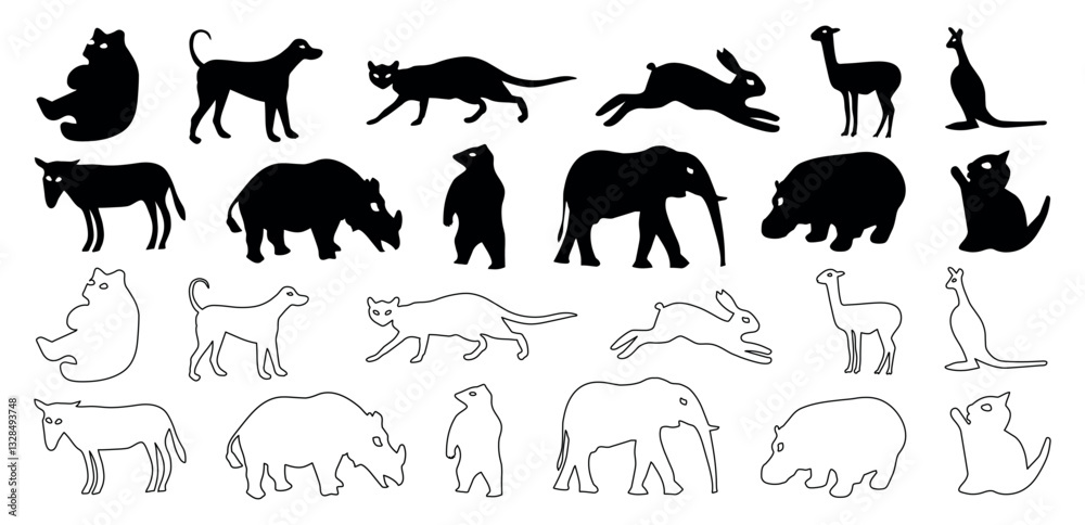 Fototapeta premium Animals silhouettes and line art vector icon set collection