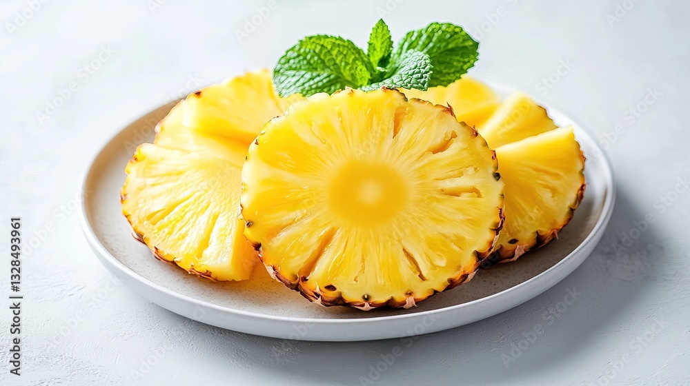 Fresh organic pineapple slices with mint garnish on a white plate, highlighted by natural light and vibrant colors. Fresh organic pineapple slices with mint garnish on a white plate, highlighted by natural light and vibrant colors.