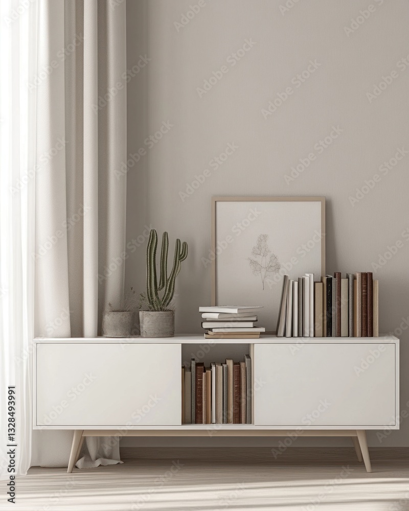custom made wallpaper toronto digitalMinimalist living room with white media console, books, and cactus.