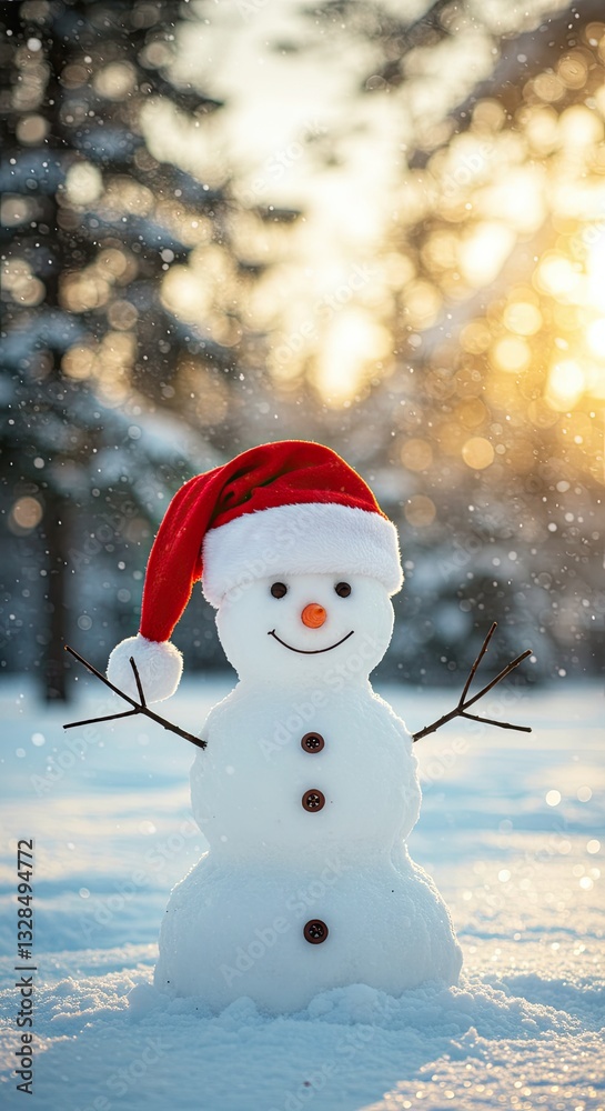 Obraz premium Cheerful snowman in red santa hat with sunlit winter background