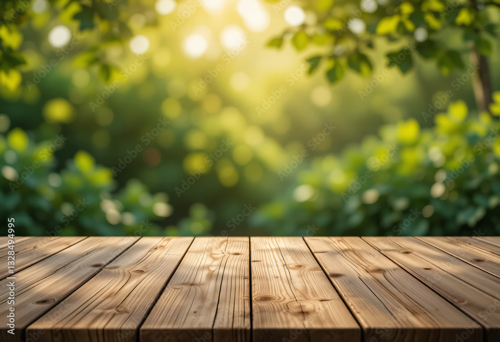 Empty Wooden Tabletop with Blurred Green Leaves Swaying in Soft Golden Light Empty Wooden Tabletop with Blurred Green Leaves Swaying in Soft Golden Light