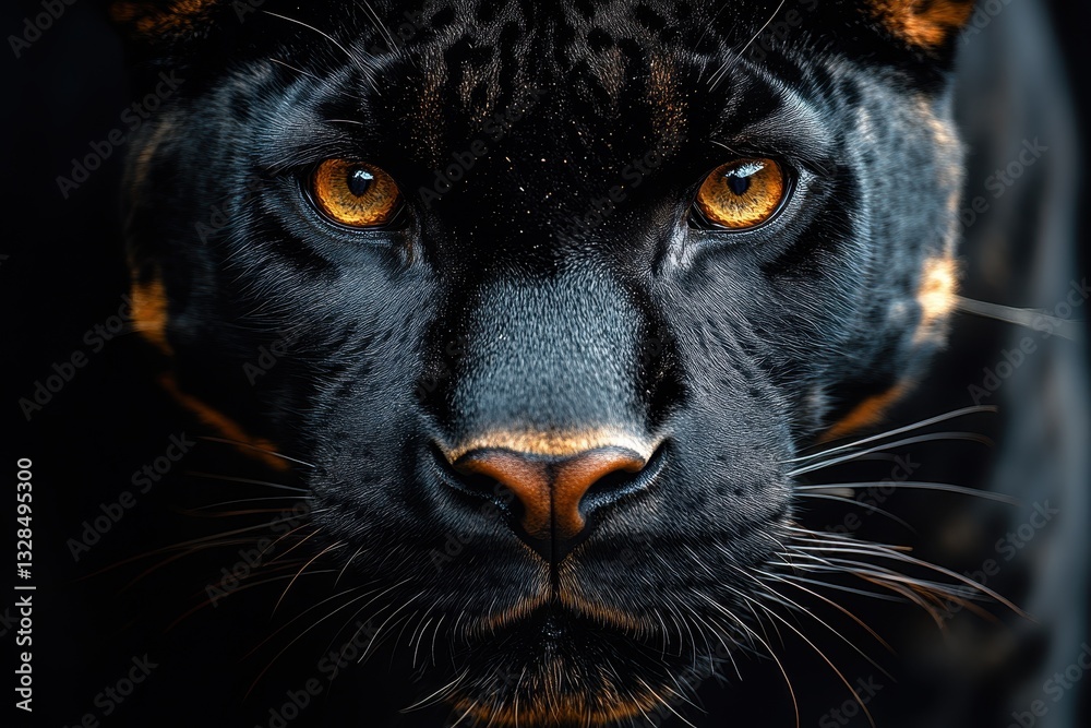 Majestic black panther displays fierce gaze in a close-up portrait highlighting its striking features during twilight Majestic black panther displays fierce gaze in a close-up portrait highlighting its striking features during twilight