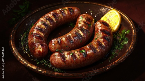 Juicy grilled sausages on a deep burgundy background, great for BBQ restaurant menus or food blogs focused on hearty and smoky dishes.