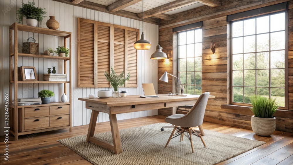 Fototapeta premium Cozy Rustic Home Office with Natural Light and Wooden Decor