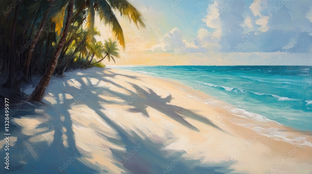 Fototapeta premium Serene Tropical Beachscape at Sunset: Palm Trees Casting Long Shadows on Pristine White Sand