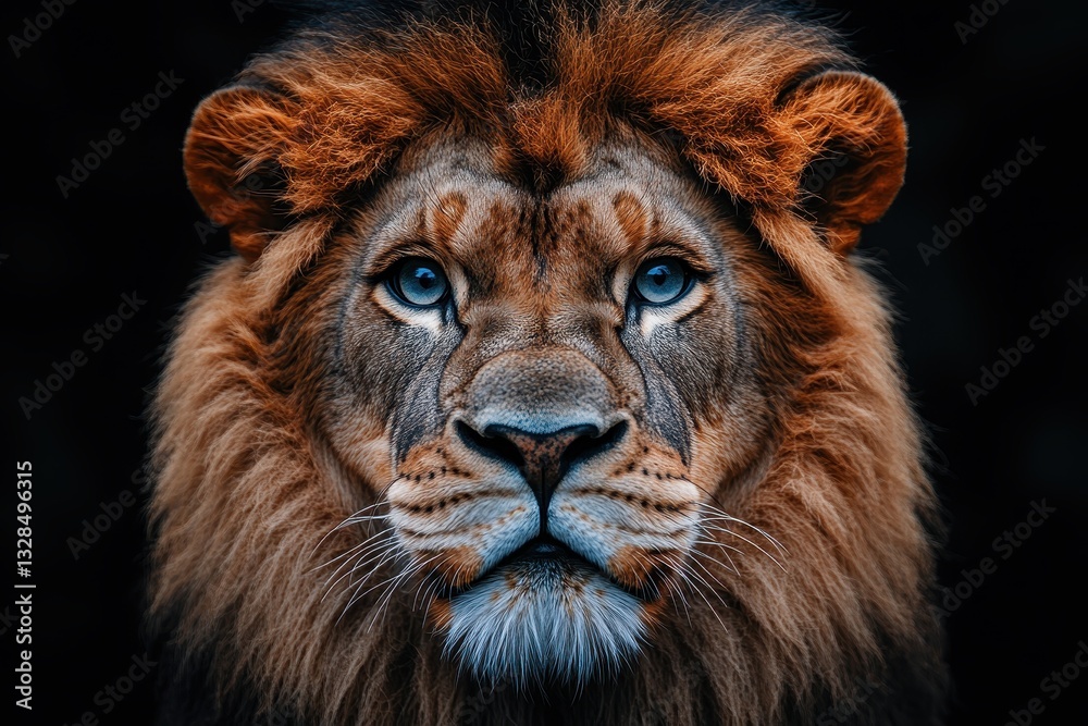 Fototapeta premium Majestic lion gazes with intense blue eyes against a dark background in a captivating wildlife moment