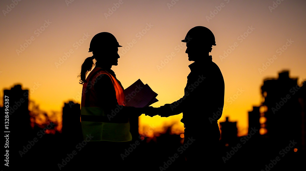 Obraz premium Silhouette of two construction workers