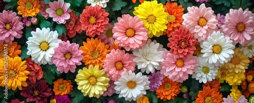 Vibrant Mix of Colorful Floral Blooms Featuring Daisies and Other Flowers on a Background of Lush Green Leaves for Nature and Spring Themes