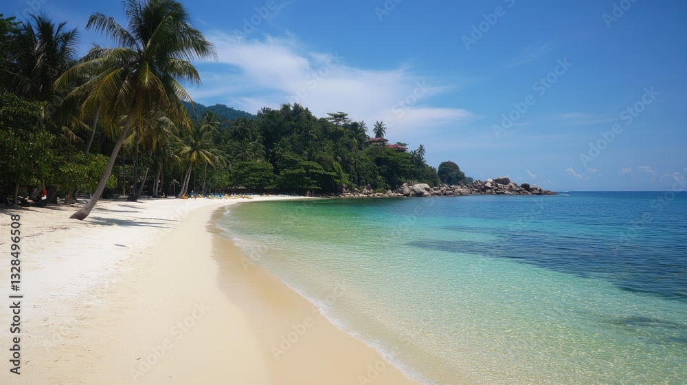 Idyllic Tropical Beach Paradise: White Sand, Turquoise Waters, and Lush Greenery Idyllic Tropical Beach Paradise: White Sand, Turquoise Waters, and Lush Greenery