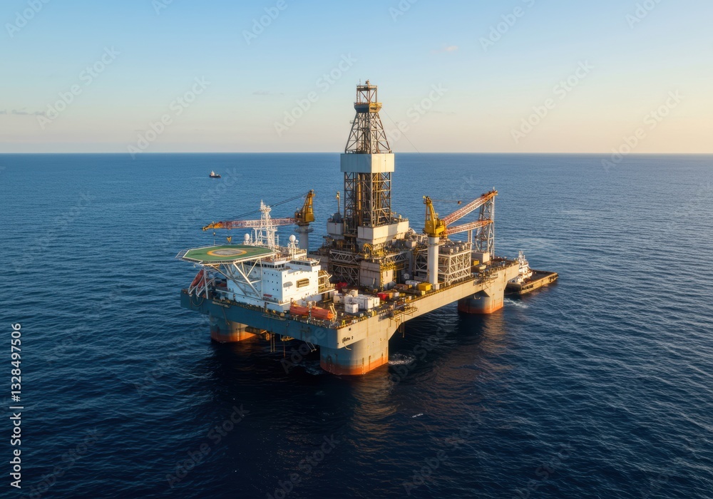 Fototapeta premium Offshore oil rig platform at sea during golden sunset with helicopter pad and support vessels