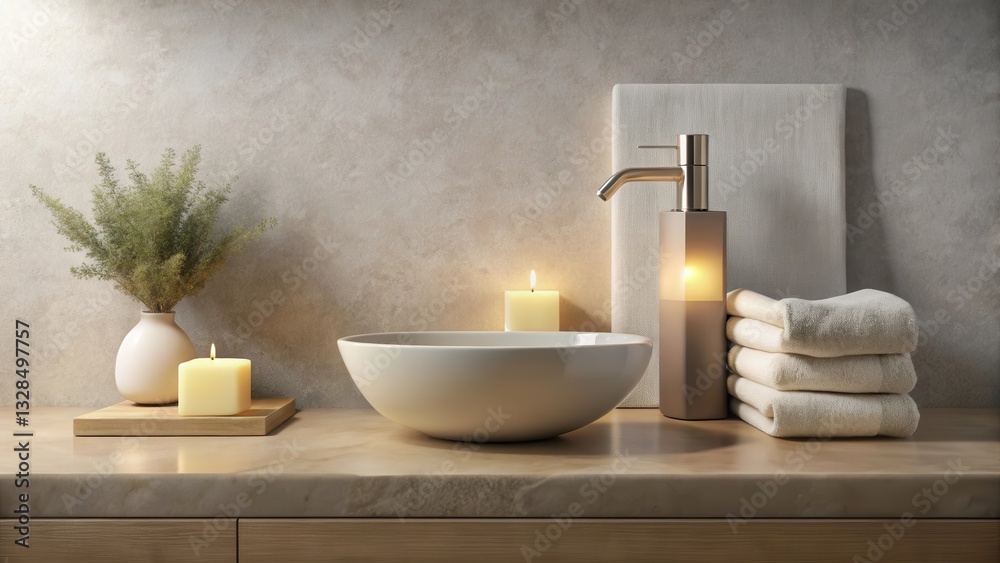 Serene Bathroom Setting with Illuminated Soap Dispenser, Candles, and Soft Towels on a Marble Vanity Serene Bathroom Setting with Illuminated Soap Dispenser, Candles, and Soft Towels on a Marble Vanity