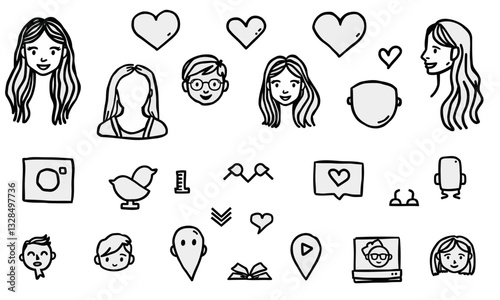 Doodles of various faces, hearts, and social media icons, representing emotions and interactions in playful style. Perfect for digital content and social media themes