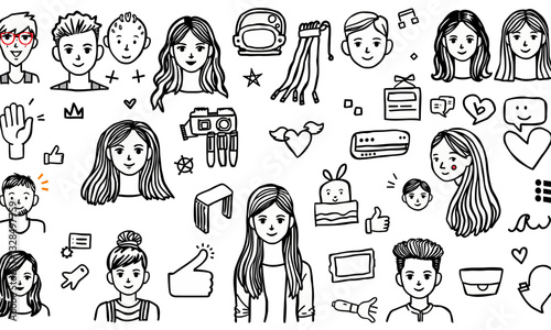 Wallpaper Mural Doodles of various influencers, including faces, accessories, and social media icons, create vibrant and engaging atmosphere. This collection captures essence of modern digital interaction Torontodigital.ca