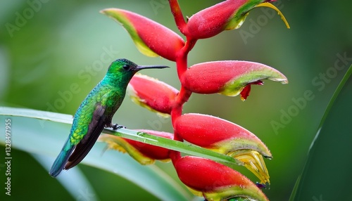 green crowned fronted brilliant hummingbird heliodoxa jacula costa rica central america wild nature rainforest sitting on tropical exotic plant drinking nectar from heliconia photo