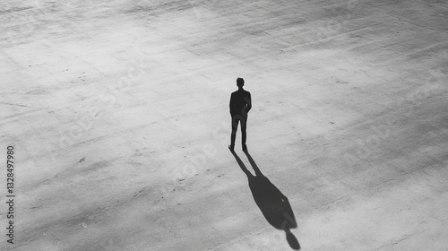 Solitary figure standing in a vast, empty space, casting a long shadow