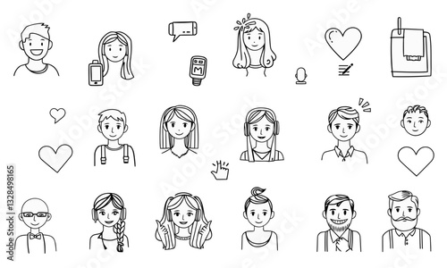 collection of doodle style illustrations depicting various people and communication symbols, showcasing emotions and interactions in fun, creative way