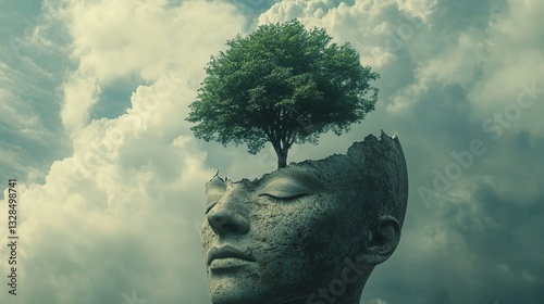 Surreal head with a tree growing from it, symbolizing thought, nature, and creativity