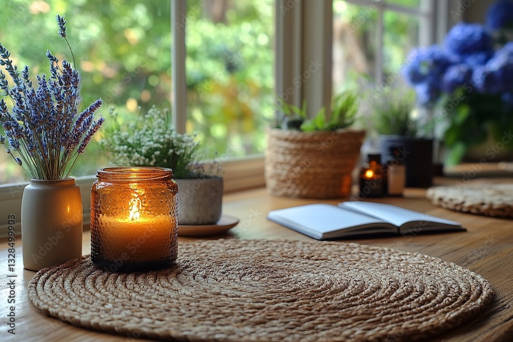 Fototapeta premium Cozy indoor space with plants and a glowing candle creating a tranquil ambiance