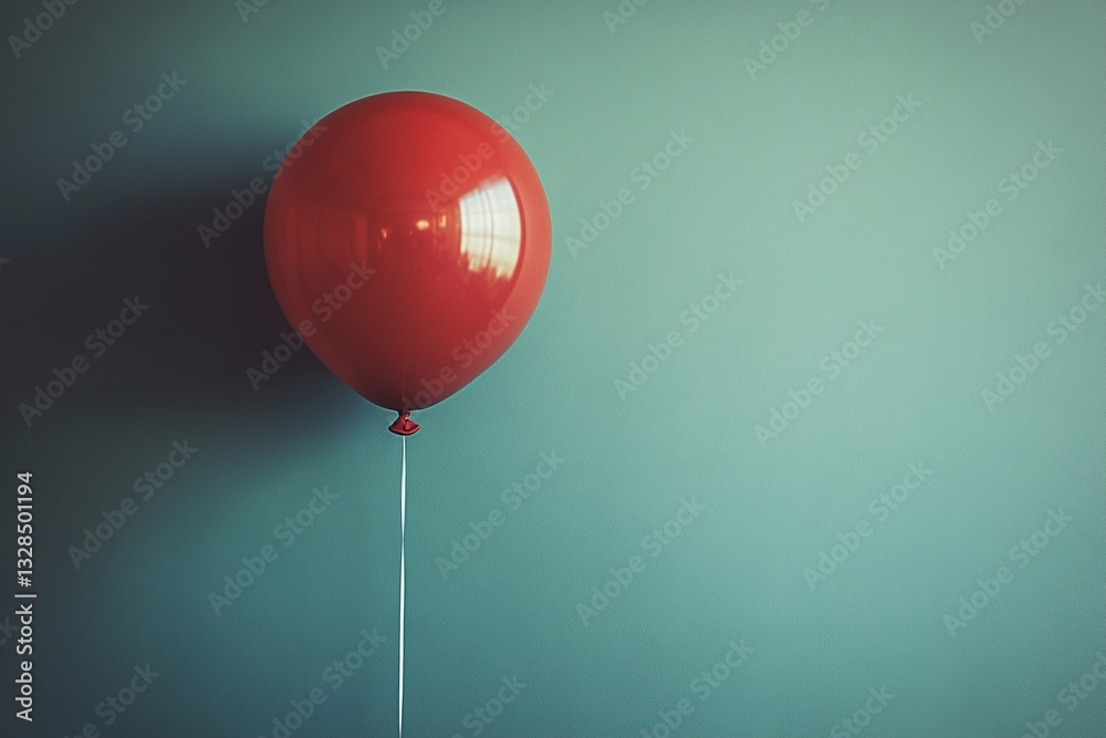 Bright red balloon gently swaying against a calm blue wall creating a cheerful atmosphere Bright red balloon gently swaying against a calm blue wall creating a cheerful atmosphere