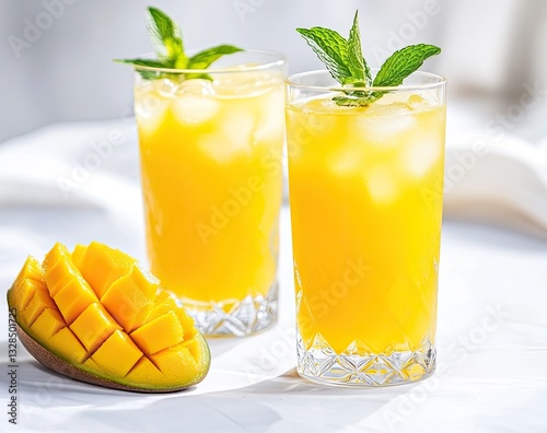Mango whiskey cocktails with fresh mint and ice in glasses beside whole fruit on white surface, natural light for beverage branding and advertising.