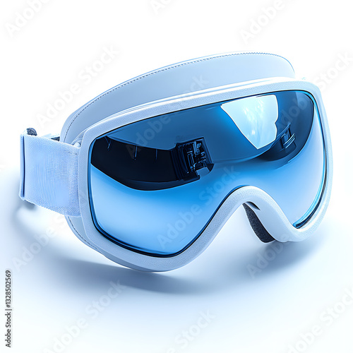 A pair of white ski goggles with blue lenses. The goggles are designed to protect the eyes from the sun and wind while skiing. photo