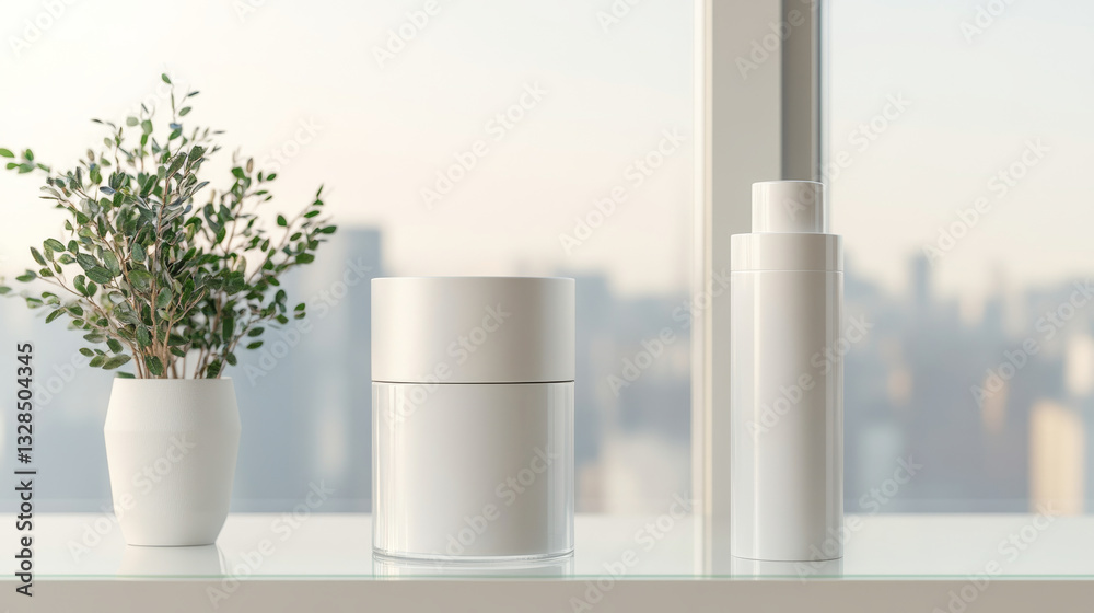 Fototapeta premium Minimalist skincare products on shelf with plant, showcasing modern design and tranquility. soft background enhances serene atmosphere