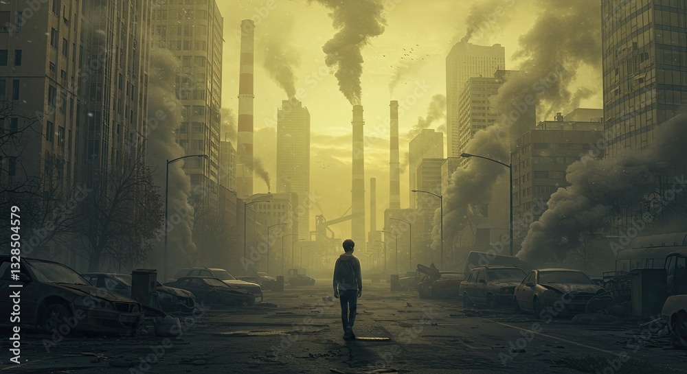 Fototapeta premium Surreal urban apocalypse with smoke-filled skies in abandoned cityscape