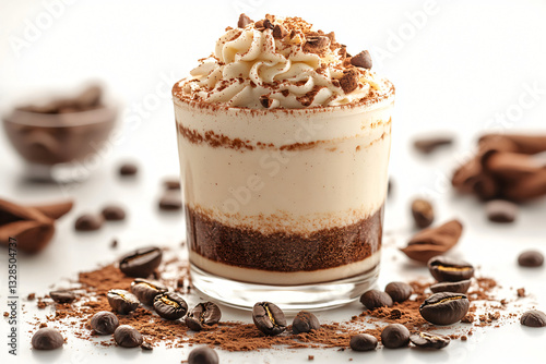 Luxurious dessert featuring tiramisu with rich chocolate and whipped cream captured in realistic photography isolated on white
