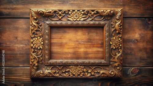 Ornate wooden frame with detailed carvings against a rustic wood background, perfect for displaying cherished memories or artwork