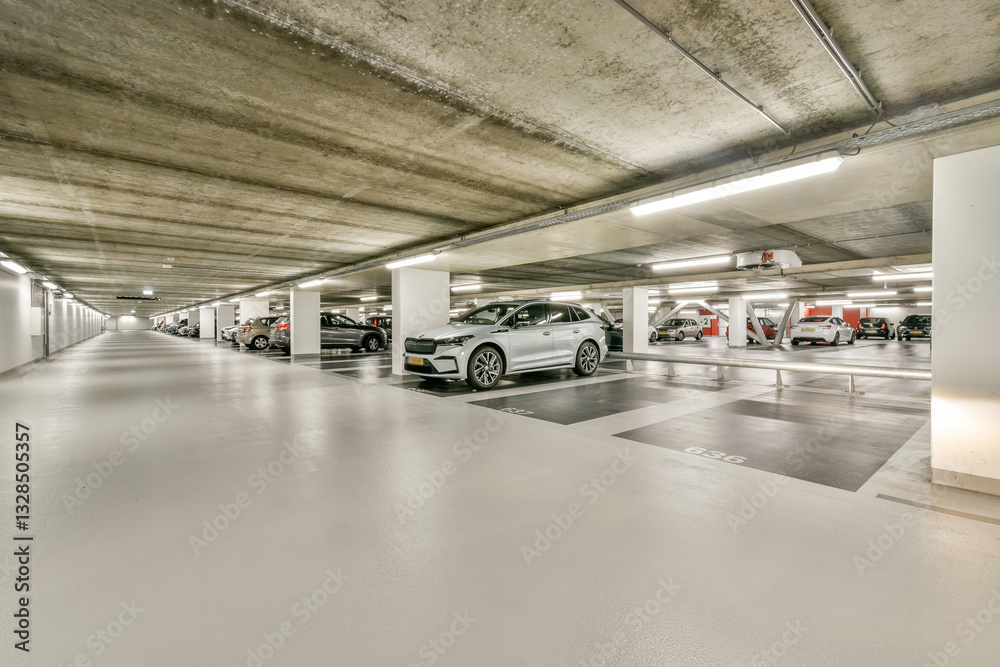 A spacious and well-lit underground parking garage featuring multiple parked cars and clean, minimalistic design, showcasing an efficient use of space and lighting. A spacious and well-lit underground parking garage featuring multiple parked cars and clean, minimalistic design, showcasing an efficient use of space and lighting.