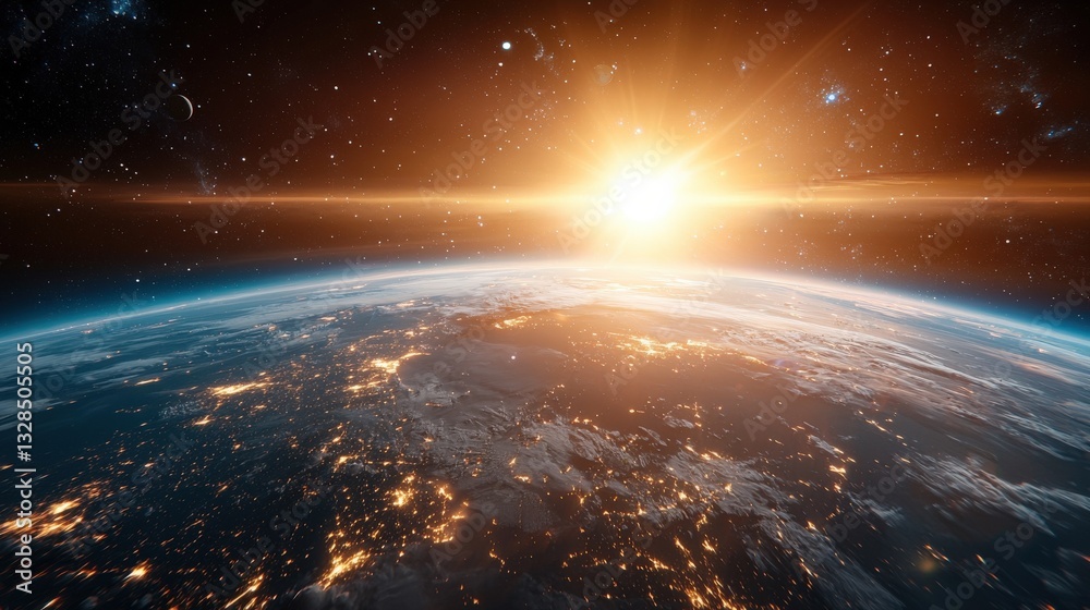 Stunning sunrise over Earth from space, showcasing illuminated cities. Stunning sunrise over Earth from space, showcasing illuminated cities.