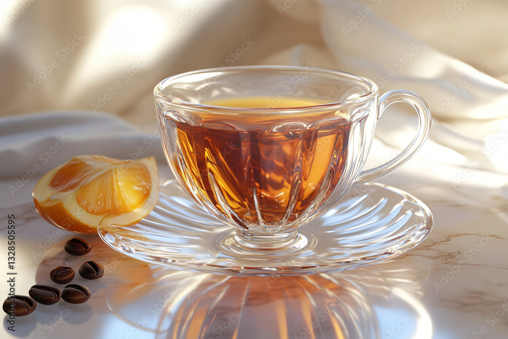 A cozy arrangement featuring a cup of tea alongside a freshly cut half orange on a rustic wooden surface A cozy arrangement featuring a cup of tea alongside a freshly cut half orange on a rustic wooden surface