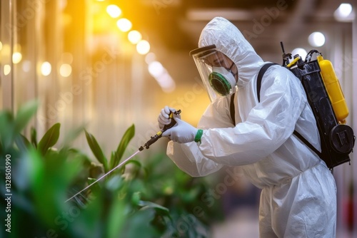 person in hazmat suit spraying the plants