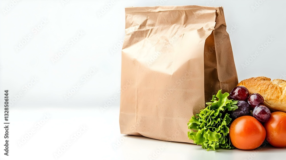 Paper bag with school lunch on white background
