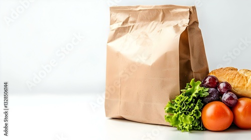 Paper bag with school lunch on white background