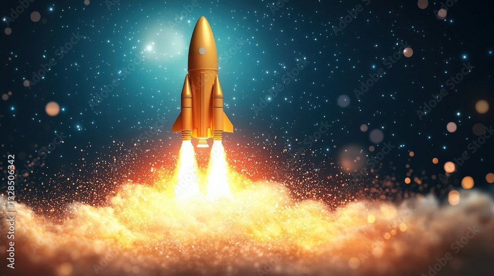 Fototapeta premium Rocket launching into space with vibrant effects and cosmic background.