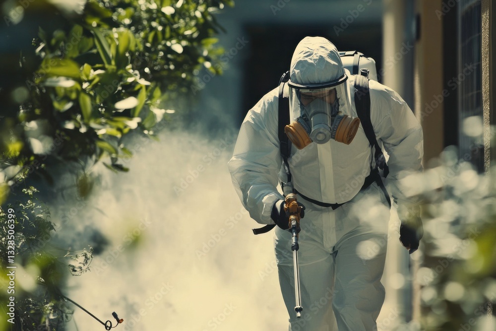Naklejka premium person in hazmat suit spraying housing area