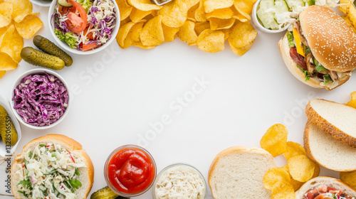 Wallpaper Mural Delicious spread of burgers, salads, chips, and condiments arranged beautifully. Perfect for gathering or picnic, showcasing vibrant colors and fresh ingredients Torontodigital.ca